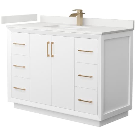 A large image of the Wyndham Collection WCF414148S-QTZ-UNSMXX White / White Quartz Top / Satin Bronze Hardware