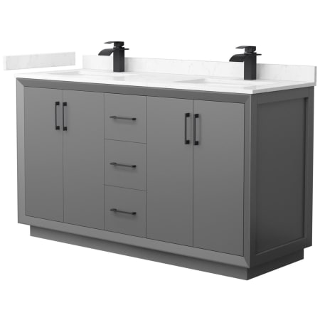 A large image of the Wyndham Collection WCF414160D-VCA-UNSMXX Dark Gray / Carrara Cultured Marble Top / Matte Black Hardware