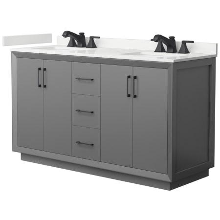 A large image of the Wyndham Collection WCF414160D-QTZ-US3MXX Dark Gray / White Quartz Top / Matte Black Hardware