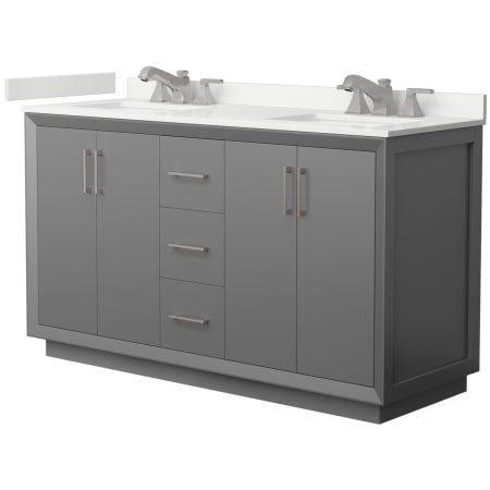 A large image of the Wyndham Collection WCF414160D-QTZ-US3MXX Dark Gray / White Quartz Top / Brushed Nickel Hardware