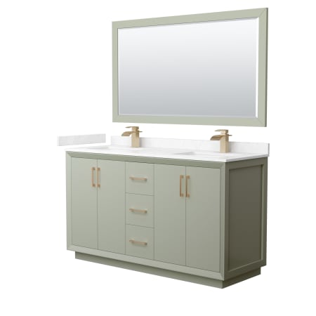 A large image of the Wyndham Collection WCF414160D-VCA-UNSM58 Light Green / Carrara Cultured Marble Top / Satin Bronze Hardware