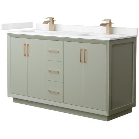A large image of the Wyndham Collection WCF414160D-VCA-UNSMXX Light Green / Carrara Cultured Marble Top / Satin Bronze Hardware