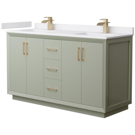 A large image of the Wyndham Collection WCF414160D-VCA-UNSMXX Light Green / White Cultured Marble Top / Satin Bronze Hardware