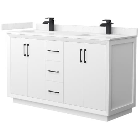 A large image of the Wyndham Collection WCF414160D-VCA-UNSMXX White / Carrara Cultured Marble Top / Matte Black Hardware