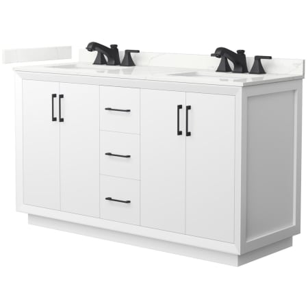 A large image of the Wyndham Collection WCF414160D-QTZ-US3MXX White / Giotto Quartz Top / Matte Black Hardware