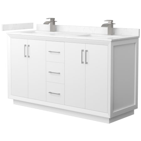 A large image of the Wyndham Collection WCF414160D-VCA-UNSMXX White / Carrara Cultured Marble Top / Brushed Nickel Hardware