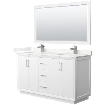 A large image of the Wyndham Collection WCF414160D-QTZ-UNSM58 White / Giotto Quartz Top / Brushed Nickel Hardware