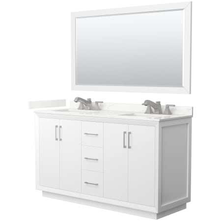 A large image of the Wyndham Collection WCF414160D-QTZ-US3M58 White / Giotto Quartz Top / Brushed Nickel Hardware