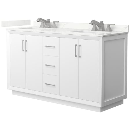 A large image of the Wyndham Collection WCF414160D-QTZ-US3MXX White / Giotto Quartz Top / Brushed Nickel Hardware