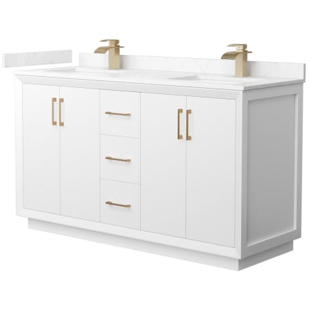 A large image of the Wyndham Collection WCF414160D-VCA-UNSMXX White / Carrara Cultured Marble Top / Satin Bronze Hardware