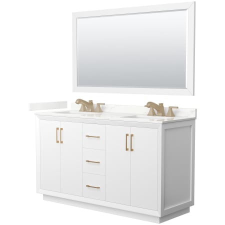 A large image of the Wyndham Collection WCF414160D-QTZ-US3M58 White / Giotto Quartz Top / Satin Bronze Hardware