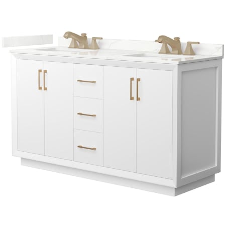 A large image of the Wyndham Collection WCF414160D-QTZ-US3MXX White / Giotto Quartz Top / Satin Bronze Hardware