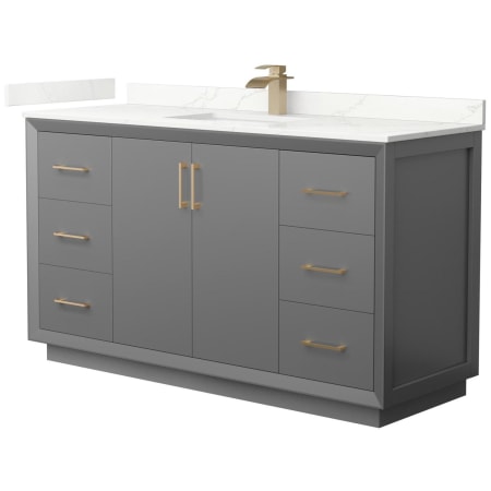 A large image of the Wyndham Collection WCF414160S-QTZ-UNSMXX Dark Gray / Giotto Quartz Top / Satin Bronze Hardware