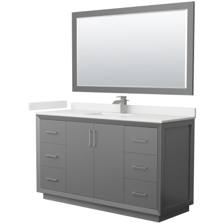 A large image of the Wyndham Collection WCF414160S-QTZ-UNSM58 Dark Gray / White Quartz Top / Brushed Nickel Hardware