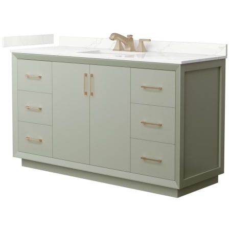 A large image of the Wyndham Collection WCF414160S-QTZ-US3MXX Light Green / Giotto Quartz Top / Satin Bronze Hardware