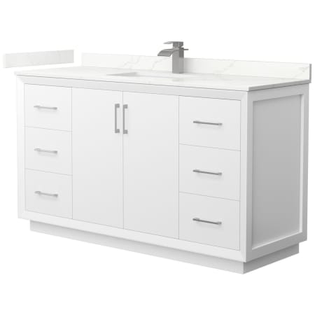 A large image of the Wyndham Collection WCF414160S-QTZ-UNSMXX White / Giotto Quartz Top / Brushed Nickel Hardware