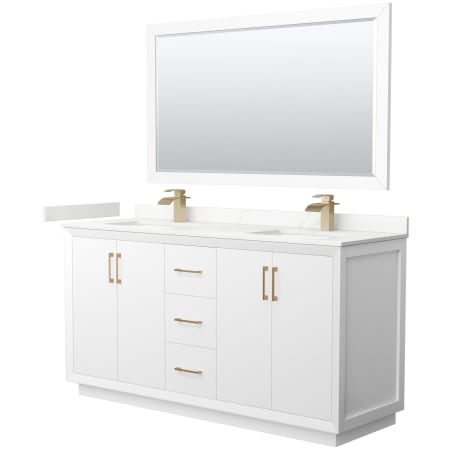 A large image of the Wyndham Collection WCF414166D-QTZ-UNSM58 White / Giotto Quartz Top / Satin Bronze Hardware