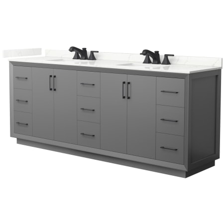 A large image of the Wyndham Collection WCF414184D-QTZ-US3MXX Dark Gray / Giotto Quartz Top / Matte Black Hardware