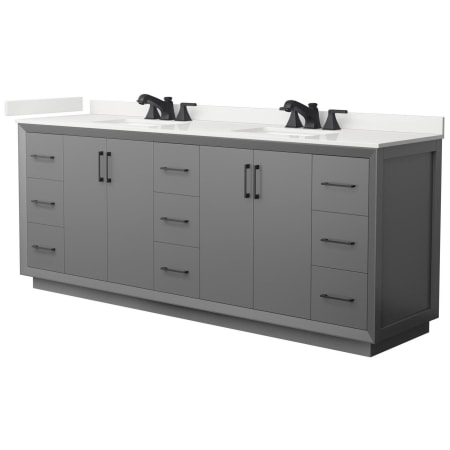 A large image of the Wyndham Collection WCF414184D-QTZ-US3MXX Dark Gray / White Quartz Top / Matte Black Hardware