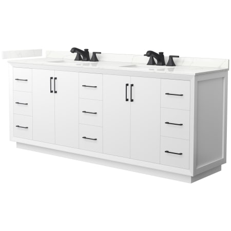 A large image of the Wyndham Collection WCF414184D-QTZ-US3MXX White / Giotto Quartz Top / Matte Black Hardware