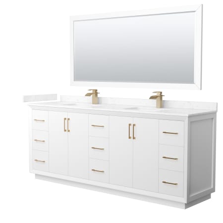 A large image of the Wyndham Collection WCF414184D-VCA-UNSM70 White / Carrara Cultured Marble Top / Satin Bronze Hardware