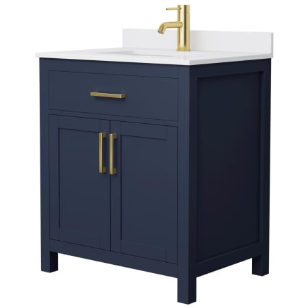 A large image of the Wyndham Collection WCG242430S-UNSMXX Dark Blue / White Cultured Marble Top / Brushed Gold Hardware