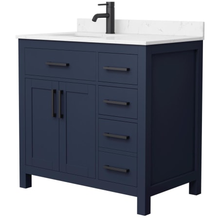 A large image of the Wyndham Collection WCG242436S-UNSMXX Dark Blue / Carrara Cultured Marble Top / Matte Black Hardware