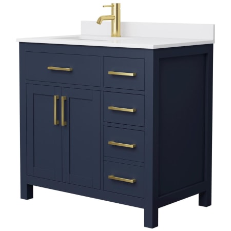 A large image of the Wyndham Collection WCG242436S-UNSMXX Dark Blue / White Cultured Marble Top / Brushed Gold Hardware
