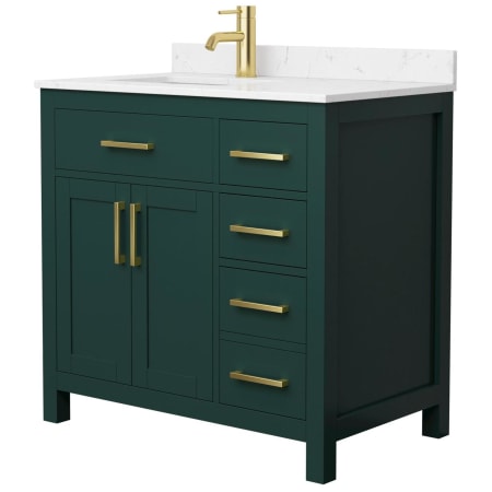 A large image of the Wyndham Collection WCG242436S-UNSMXX Green / Carrara Cultured Marble Top / Brushed Gold Hardware