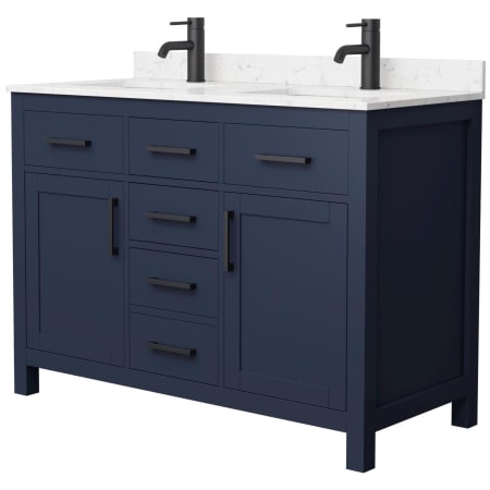 A large image of the Wyndham Collection WCG242448D-UNSMXX Dark Blue / Carrara Cultured Marble Top / Matte Black Hardware