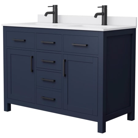 A large image of the Wyndham Collection WCG242448D-UNSMXX Dark Blue / White Cultured Marble Top / Matte Black Hardware