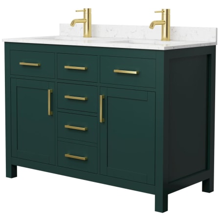 A large image of the Wyndham Collection WCG242448D-UNSMXX Green / Carrara Cultured Marble Top / Brushed Gold Hardware