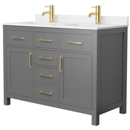 A large image of the Wyndham Collection WCG242448D-UNSMXX Dark Gray / Carrara Cultured Marble Top / Brushed Gold Hardware