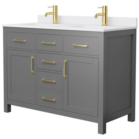A large image of the Wyndham Collection WCG242448D-UNSMXX Dark Gray / White Cultured Marble Top / Brushed Gold Hardware