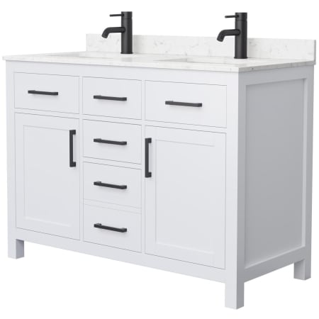 A large image of the Wyndham Collection WCG242448D-UNSMXX White / Carrara Cultured Marble Top / Matte Black Hardware
