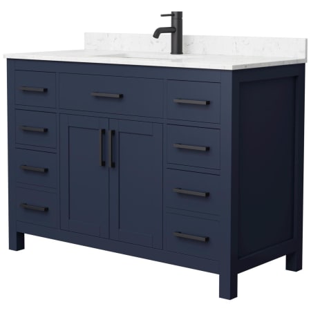 A large image of the Wyndham Collection WCG242448S-UNSMXX Dark Blue / Carrara Cultured Marble Top / Matte Black Hardware