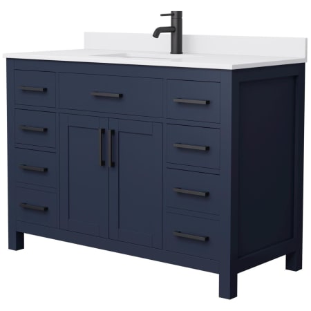 A large image of the Wyndham Collection WCG242448S-UNSMXX Dark Blue / White Cultured Marble Top / Matte Black Hardware