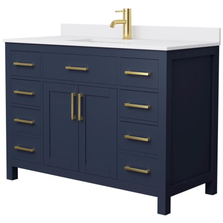 A large image of the Wyndham Collection WCG242448S-UNSMXX Dark Blue / White Cultured Marble Top / Brushed Gold Hardware