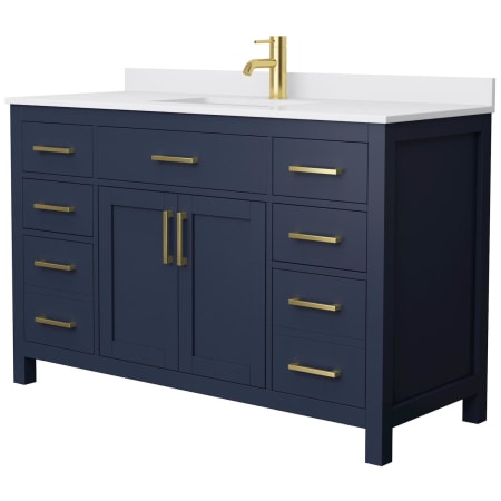 A large image of the Wyndham Collection WCG242454S-UNSMXX Dark Blue / White Cultured Marble Top / Brushed Gold Hardware