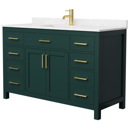 A large image of the Wyndham Collection WCG242454S-UNSMXX Green / Carrara Cultured Marble Top / Brushed Gold Hardware