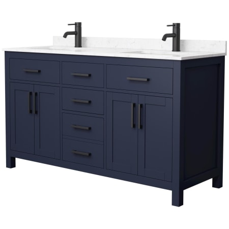 A large image of the Wyndham Collection WCG242460D-UNSMXX Dark Blue / Carrara Cultured Marble Top / Matte Black Hardware