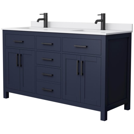 A large image of the Wyndham Collection WCG242460D-UNSMXX Dark Blue / White Cultured Marble Top / Matte Black Hardware