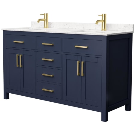 A large image of the Wyndham Collection WCG242460D-UNSMXX Dark Blue / Carrara Cultured Marble Top / Brushed Gold Hardware