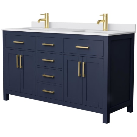 A large image of the Wyndham Collection WCG242460D-UNSMXX Dark Blue / White Cultured Marble Top / Brushed Gold Hardware