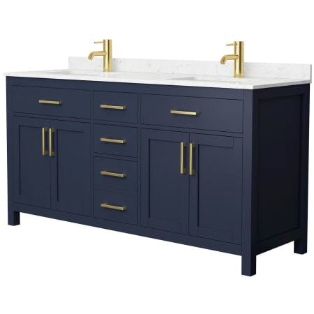 A large image of the Wyndham Collection WCG242466D-UNSMXX Dark Blue / Carrara Cultured Marble Top / Brushed Gold Hardware