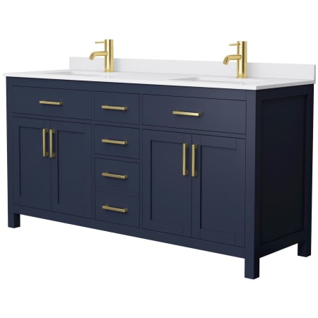 A large image of the Wyndham Collection WCG242466D-UNSMXX Dark Blue / White Cultured Marble Top / Brushed Gold Hardware