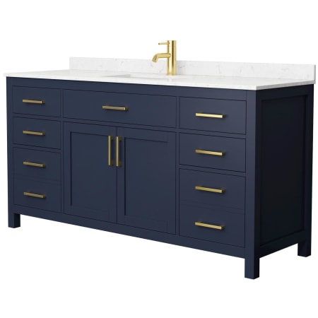 A large image of the Wyndham Collection WCG242466S-UNSMXX Dark Blue / Carrara Cultured Marble Top / Brushed Gold Hardware