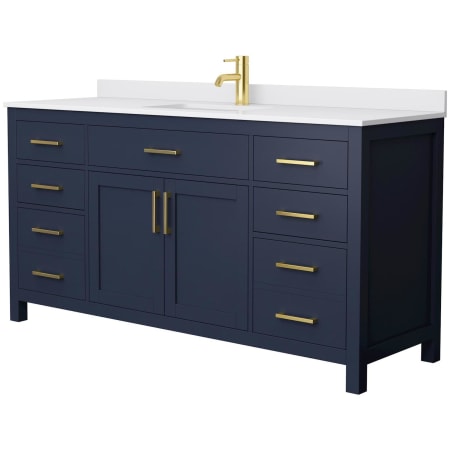 A large image of the Wyndham Collection WCG242466S-UNSMXX Dark Blue / White Cultured Marble Top / Brushed Gold Hardware