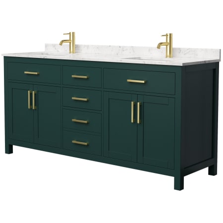 A large image of the Wyndham Collection WCG242472D-UNSMXX Green / Carrara Cultured Marble Top / Brushed Gold Hardware