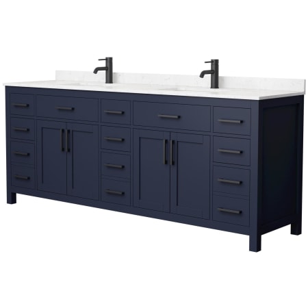 A large image of the Wyndham Collection WCG242484D-UNSMXX Dark Blue / Carrara Cultured Marble Top / Matte Black Hardware